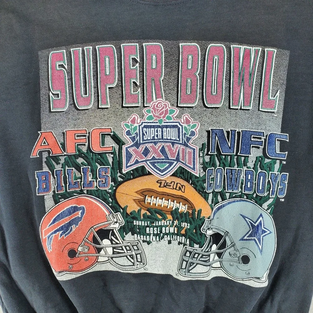 VTG Buffalo Bills Cowboys Super Bowl Crewneck Sz‎ L Distressed Black Lightweight